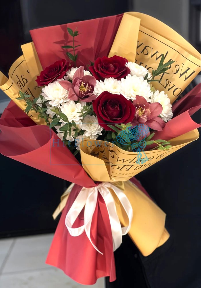 Букет цветов из: Хризантемы, Орхидеи и Розы